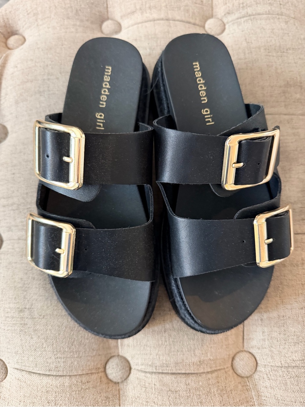 NEW Madden Girl Black Slide Sandals with Gold Buckles - Picture 2 of 3